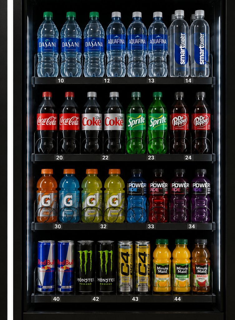Beverage vending machine shelf stocked with drinks