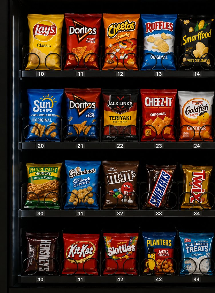 Snack vending machine shelf stocked with chips and candy